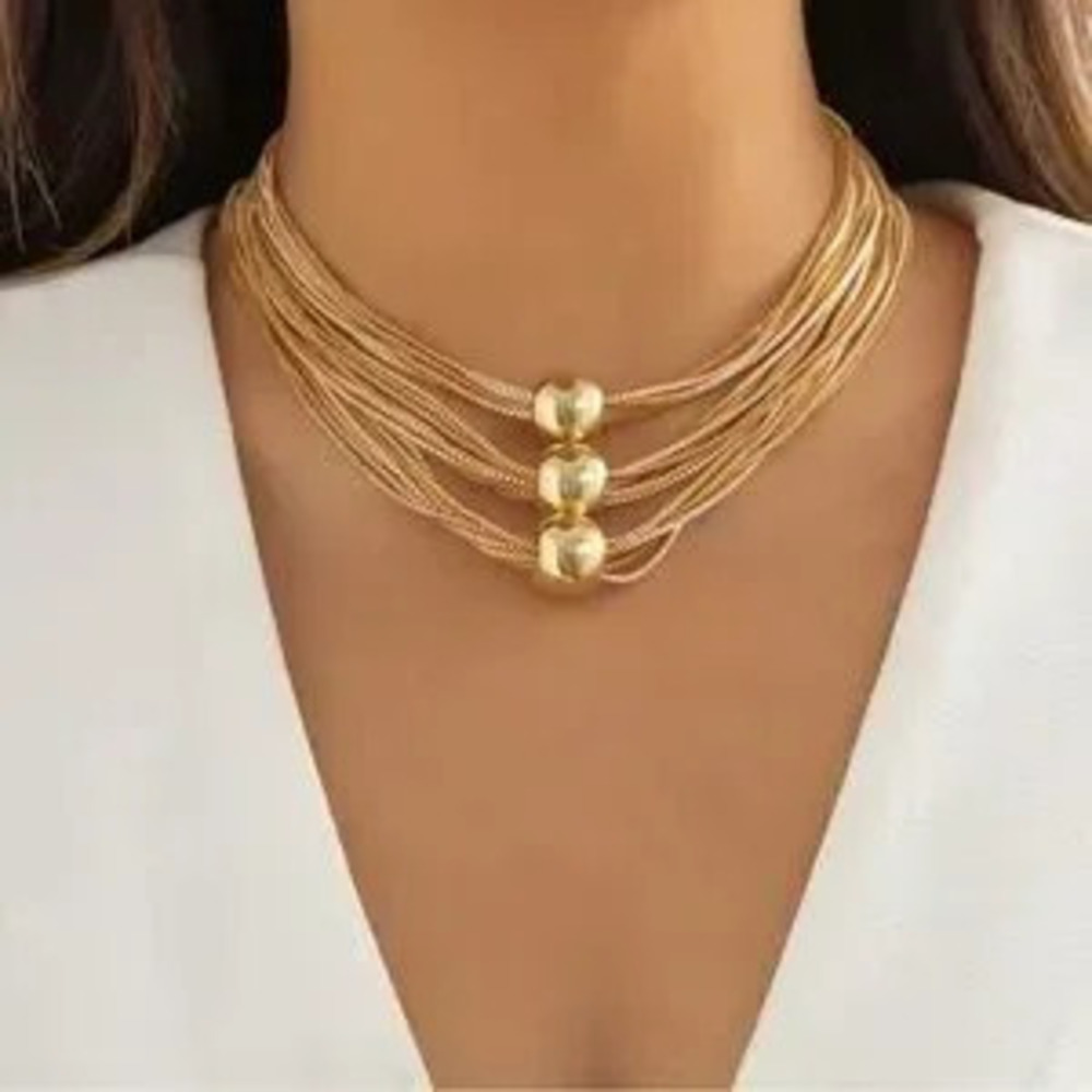18K Gold Plated Chunky Thick Layered Chain W/Exaggerated Big Beads Necklace